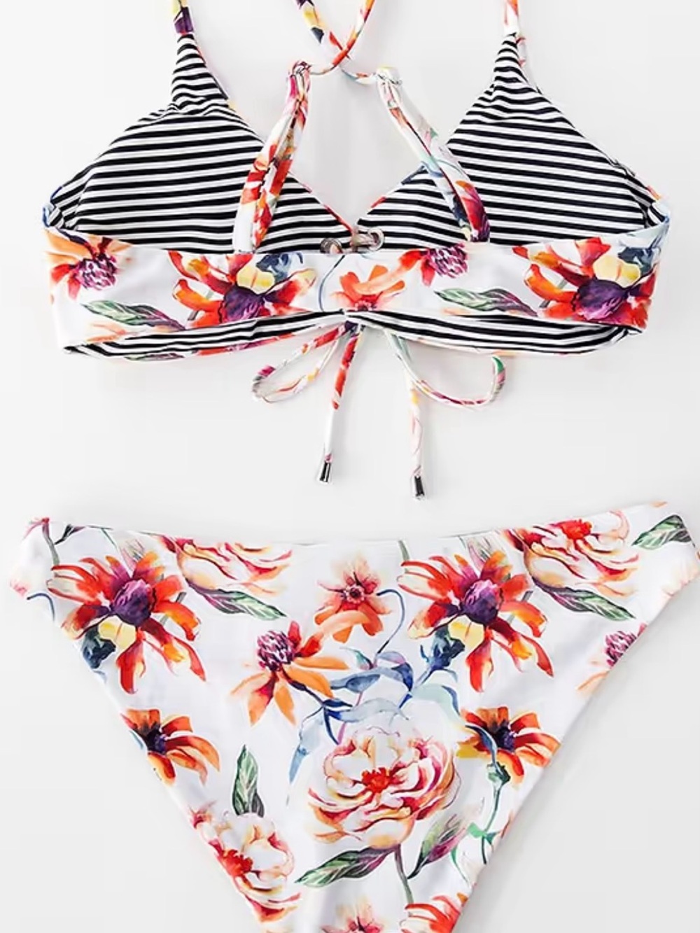 NWT Cupshe Black White Striped Bikini Reversible Floral Lace Sz M